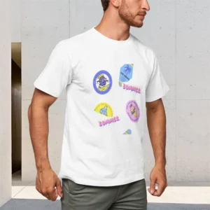Men's Pure Cotton T-Shirt Cartoon Sticker Print Pattern Round Neck Short-Sleeved Casual Comfortable Breathable Top 150g