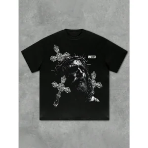 Men's Fashion Jesus Cross Print Loose Casual Streetwear T-Shirt Unisex Top For All Seasons