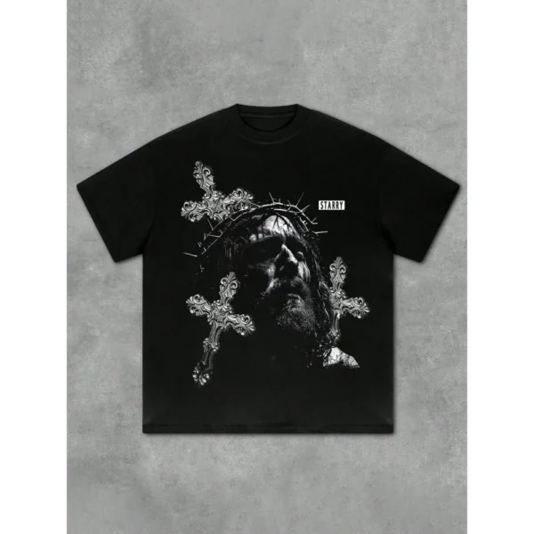Men's Fashion Jesus Cross Print Loose Casual Streetwear T-Shirt Unisex Top For All Seasons