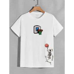 Skull Slam Dunk Spoof Print Cotton T-Shirt Men's Casual Loose Fit Short Sleeve Top