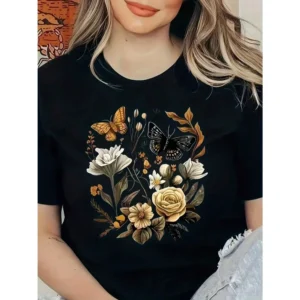Floral And Butterfly Print T-shirt, A Casual Short-Sleeved Round-Neck Top For Spring And Summer, Women's Short-Sleeved T-Shirts