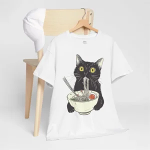 Anime Cute Cat T-Shirt Japanese Ramen Cat Print Short-Sleeved Women's Top Gift For Cat And Ramen Lovers