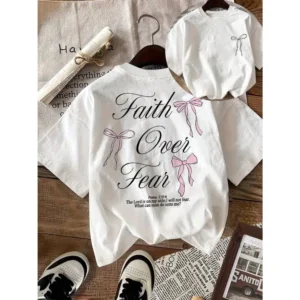 Women's Pink T-shirt Bow Banner Pattern Printed Round Neck Short Sleeve Loose Comfortable Casual Fashion Top