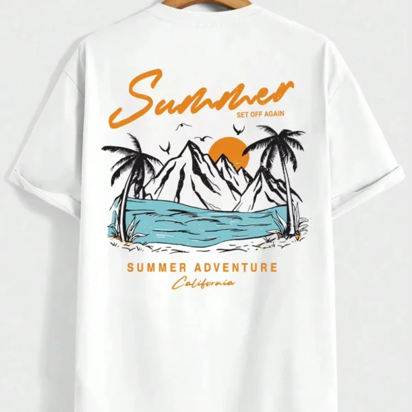 Summer Beach Sunset Double-Sided Printed T-Shirt Loose Comfortable Unisex Top For Vacation