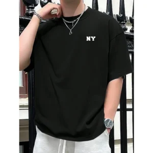 Men's Round Neck Cotton T-Shirt Letter Print Loose Comfortable Summer Short-Sleeved Top