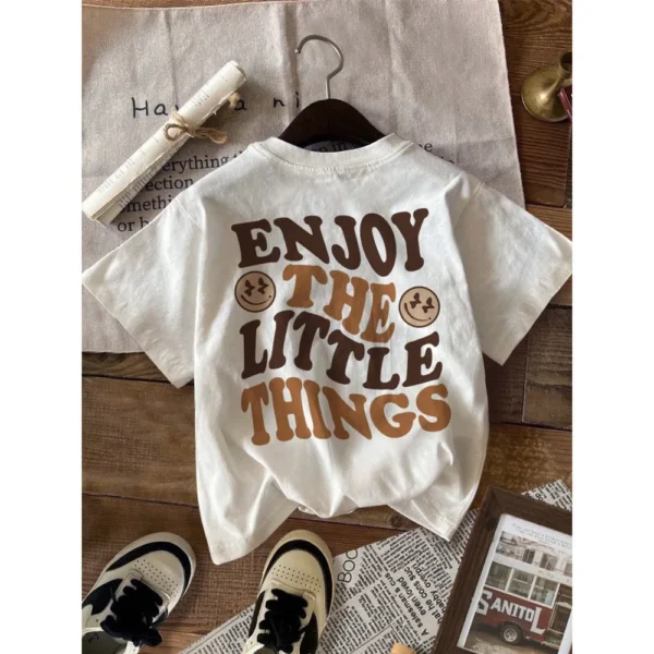 Men's 'Enjoy the Little Things' Smiley Face Print Pattern Round Neck Short Sleeve T-shirt Loose Comfortable Fit Top
