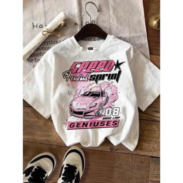 Summer Women's Casual Loose T-Shirt Round Neck Short-Sleeved Comfortable Breathable Letter Print Top For Racing – Bild 3