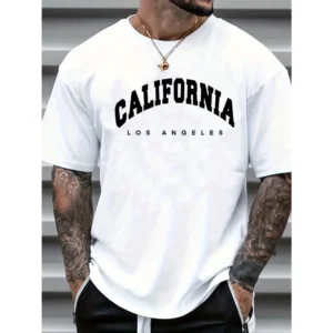 Summer Men's Round Neck Short-Sleeved T-Shirt Loose Fit Breathable Cotton Letter Print Top