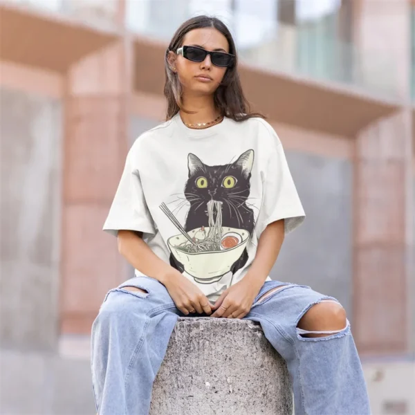Anime Cute Cat T-Shirt Japanese Ramen Cat Print Short-Sleeved Women's Top Gift For Cat And Ramen Lovers – Bild 2
