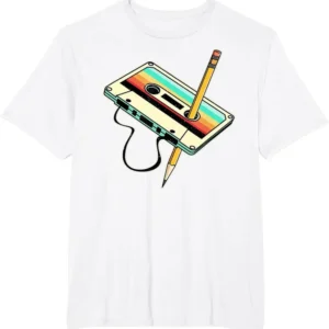 Retro Cotton T-Shirt Pencil Tape Print Loose Short Sleeve Nostalgic 90s Style For Men And Women Casual Vintage Fashion Top