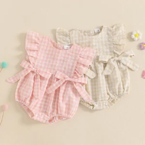 Baby Girl Plaid Print Romper Flutter Sleeves Round Neck Bow Jumpsuit for Summer Beach