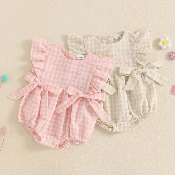 Baby Girl Plaid Print Romper Flutter Sleeves Round Neck Bow Jumpsuit for Summer Beach