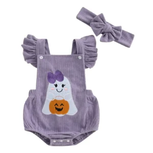 Baby Girl Halloween Outfits Ruffle Sleeveless Bow Ghost Embroidery Romper with Headband Set Newborn Clothes