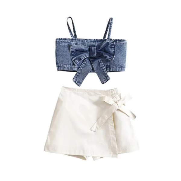 Summer Kids Girls Outfit Solid Color Sleeveless Bow Denim Camisole and Elastic Casual Skirt Shorts Clothes Set