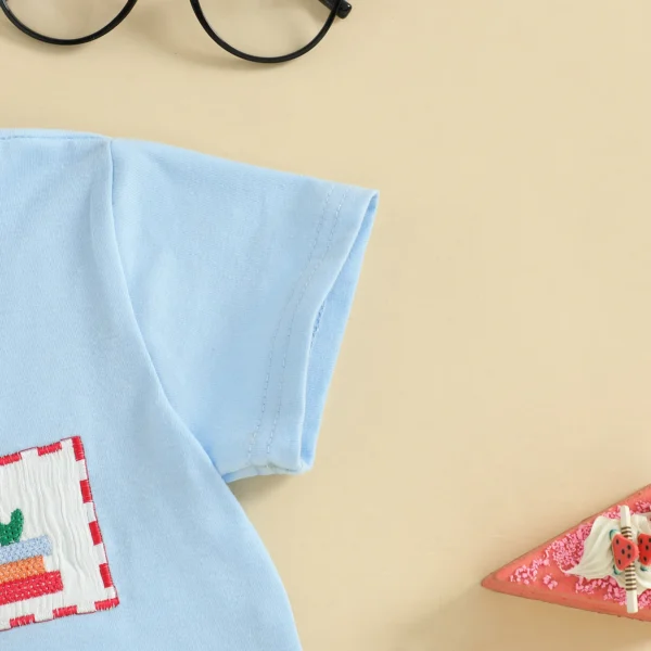 Toddler Boy Back to School Summer Outfits Apple Embroidery Short Sleeve Round Neck T-Shirts with Plaid Shorts – Bild 6