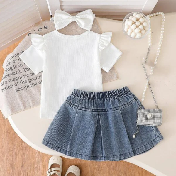 Baby Girl Summer Outfit Solid Color Ruffles Short Sleeve T-Shirt and Bow Denim Skirt Headband Set Casual Cute Clothes – Bild 2