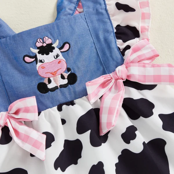 Girls A-line Dress, Sleeveless Plaid Embroidery Cow Patchwork Party Dress Bowknot Summer Dress – Bild 4