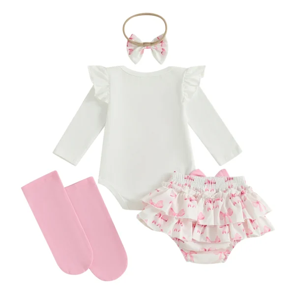 Baby Girl Fall Outfits Bow Embroidered Round Neck Long Sleeve Romper Elastic Waist Shorts Headband Socks 4Pcs Clothes Set – Bild 6