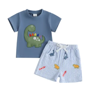 Boys Summer Shorts Sets Short Sleeve O Neck Dinosaur Embroidery Tops and Striped Shorts Sets