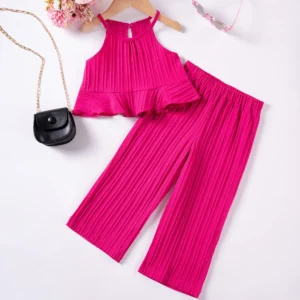 Toddler Little Girl Pants Set Solid Sleeveless Ruffle Cami Tops Elastic Waist Wide Leg Pants 2 Piece Summer Outfit