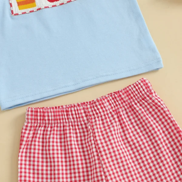 Toddler Boy Back to School Summer Outfits Apple Embroidery Short Sleeve Round Neck T-Shirts with Plaid Shorts – Bild 4