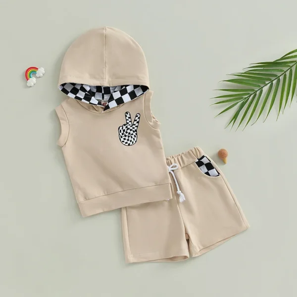 Summer Toddler Boys Shorts Sets Sleeveless Hooded Vest and Drawstring Plaids Shorts Clothes Sets – Bild 4