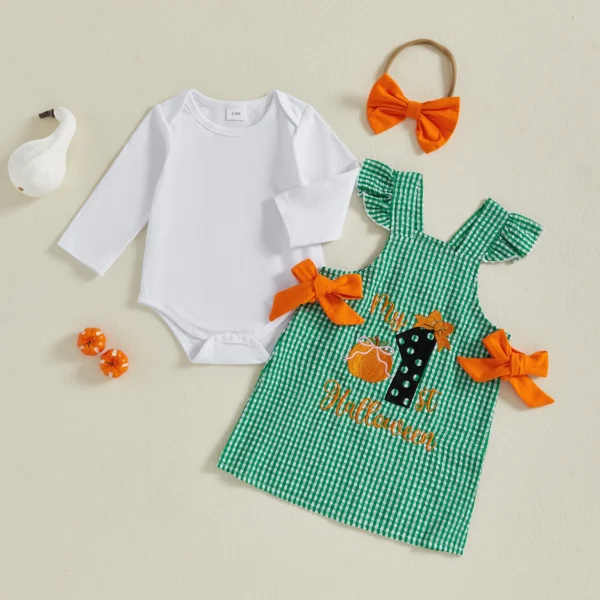 Baby Girl Halloween Outfit Solid Long Sleeve Romper Pumpkin/Ghost Plaid Flying Sleeve Overall Dress Bow Headband 3Pcs Set – Bild 3