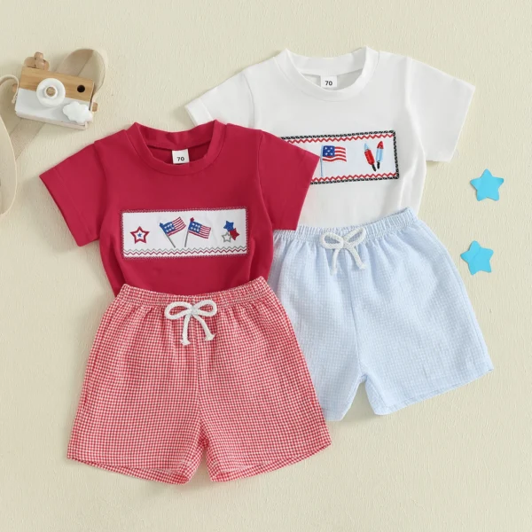 Toddler Baby Boy 4th of July Outfit Popsicle American Flag Embroidered Short Sleeve Tshirts Plaid Shorts 2 Piece Summer Set – Bild 2