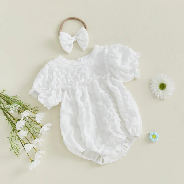 Baby Girl Summer Romper Solid Color Short Sleeve Jumpsuit with Cute Headband Set 2 Piece Clothes Outfits – Bild 3