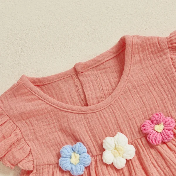 Girls 2 Piece Outfits Flying Sleeve O Neck 3D Flower Tops and Cotton Linen Shorts Sets – Bild 5