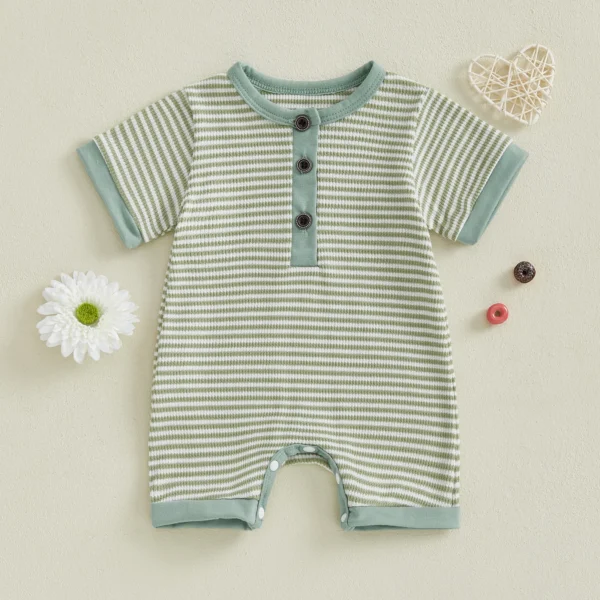 Baby Boys Girls Jumpsuits Short Sleeve Crewneck Button Front Stripes Print Romper Newborn Playsuit – Bild 4