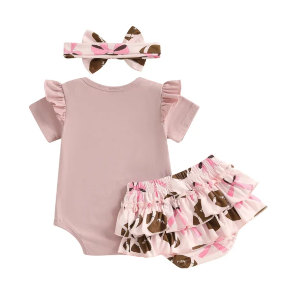 Baby Girl Summer Outfits Letter Bow Print Round Neck Short Sleeve Romper Elastic Waist Shorts Headband 3Pcs Clothes Set – Bild 3