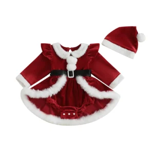 Baby Girls Christmas Romper Dress Plush Patchwork Long Sleeve Jumpsuits and Cute Santa Hat Set for Toddler Outfits