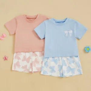 Toddler Girls 2 Piece Outfits Short Sleeve Bow Embroidery Tops and Bow Print Shorts Clothes Sets