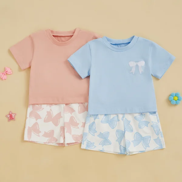 Toddler Girls 2 Piece Outfits Short Sleeve Bow Embroidery Tops and Bow Print Shorts Clothes Sets