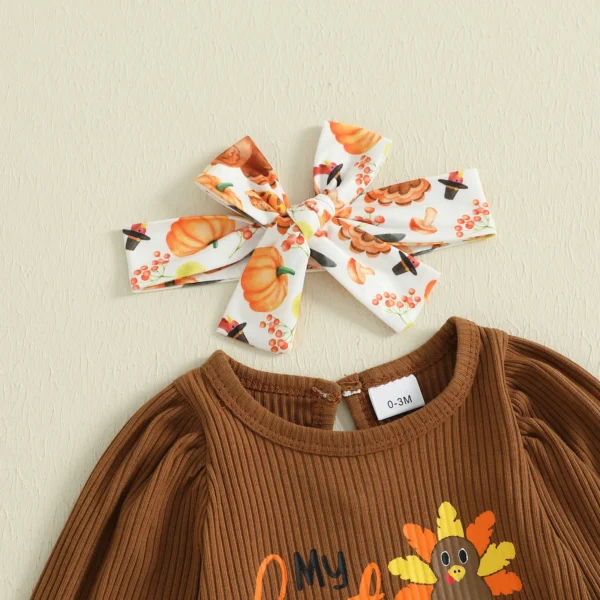 Baby Girl Thanksgiving Outfits Turkey Letter Print Crew Neck Long Sleeve Romper Flare Pants Headband 3Pcs Clothes Set – Bild 5
