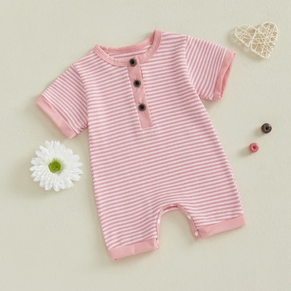 Baby Boys Girls Jumpsuits Short Sleeve Crewneck Button Front Stripes Print Romper Newborn Playsuit – Bild 3