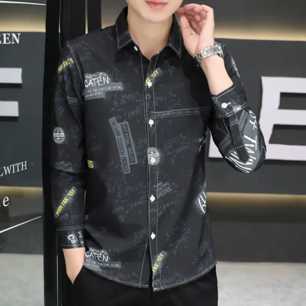 2025 New Autumn Men Long-sleeved Shirt Korean Style Slim and Handsome Prints Start to Be Iron-free and Anti-wrinkle Top – Bild 2