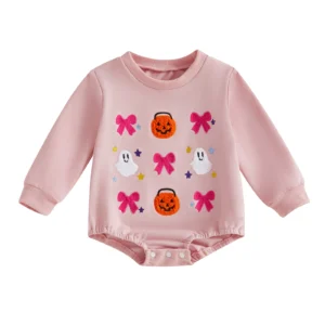 Baby Girl Halloween Casual Romper Long Sleeve O Neck Bow Ghost Pumpkin Embroidery Romper