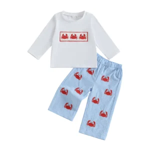 Toddler Baby Boy Fall Outfit Crab Embroidered Long Sleeve T-shirts Elastic Waist Pants 2 Piece Set
