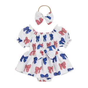 Baby Girls Rompers Dress Independence Day Clothes Bow Print Short Sleeve Summer Bodysuits Jumpsuits with Headband