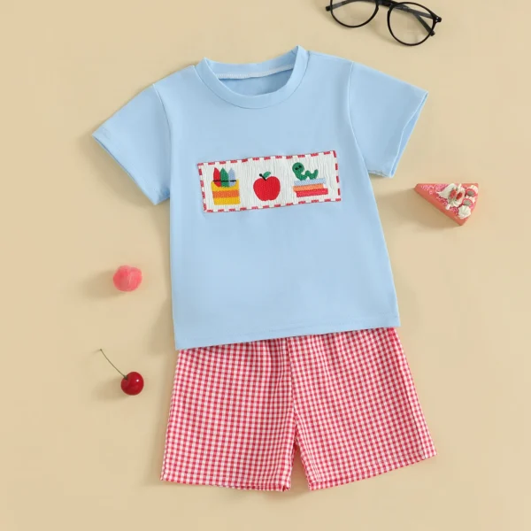 Toddler Boy Back to School Summer Outfits Apple Embroidery Short Sleeve Round Neck T-Shirts with Plaid Shorts – Bild 2