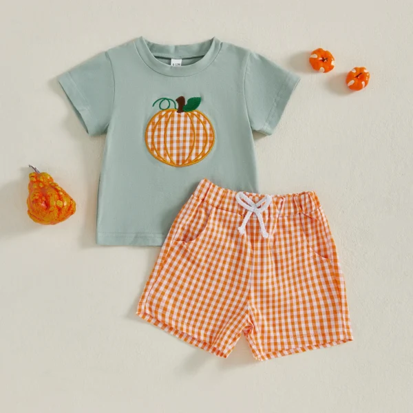 Baby Boys Halloween Outfits Pumpkin Pattern Short Sleeves T-Shirt and Elastic Plaid Shorts Set for 2 Piece Clothes Set – Bild 3