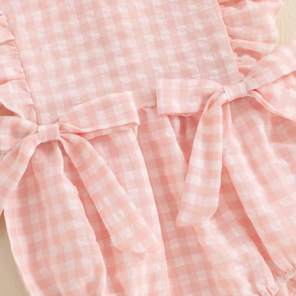 Baby Girl Plaid Print Romper Flutter Sleeves Round Neck Bow Jumpsuit for Summer Beach – Bild 5