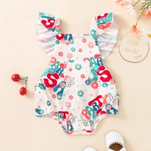 Summer Independence Day Infant Baby Girls Casual Bodysuit Flying Sleeve Letter Floral Playsuit Outfit Clothes