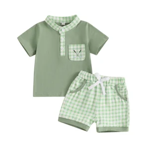 Summer Kids Boys Shorts Sets Short Sleeve Golf Embroidery Tops and Plaid Shorts Sets Clothes