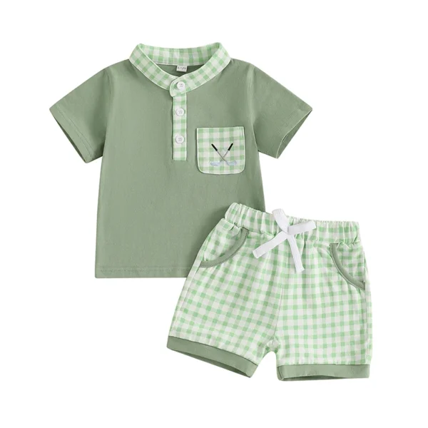 Summer Kids Boys Shorts Sets Short Sleeve Golf Embroidery Tops and Plaid Shorts Sets Clothes