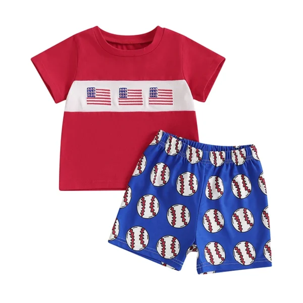 Summer Independence Day Kids Boys Outfit Short Sleeve Crew Neck Flag T-shirt Baseball Print shorts 4th of July Clothing