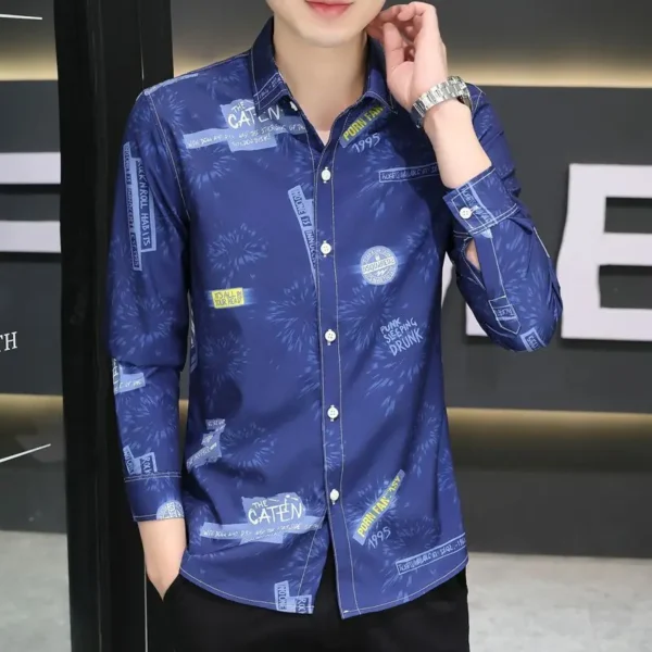 2025 New Autumn Men Long-sleeved Shirt Korean Style Slim and Handsome Prints Start to Be Iron-free and Anti-wrinkle Top – Bild 5