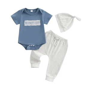 Citgeett Summer Infant Baby Boy Pants Sets Short Sleeve Letter Embroidery Romper Solid Color Pants Hat Sets